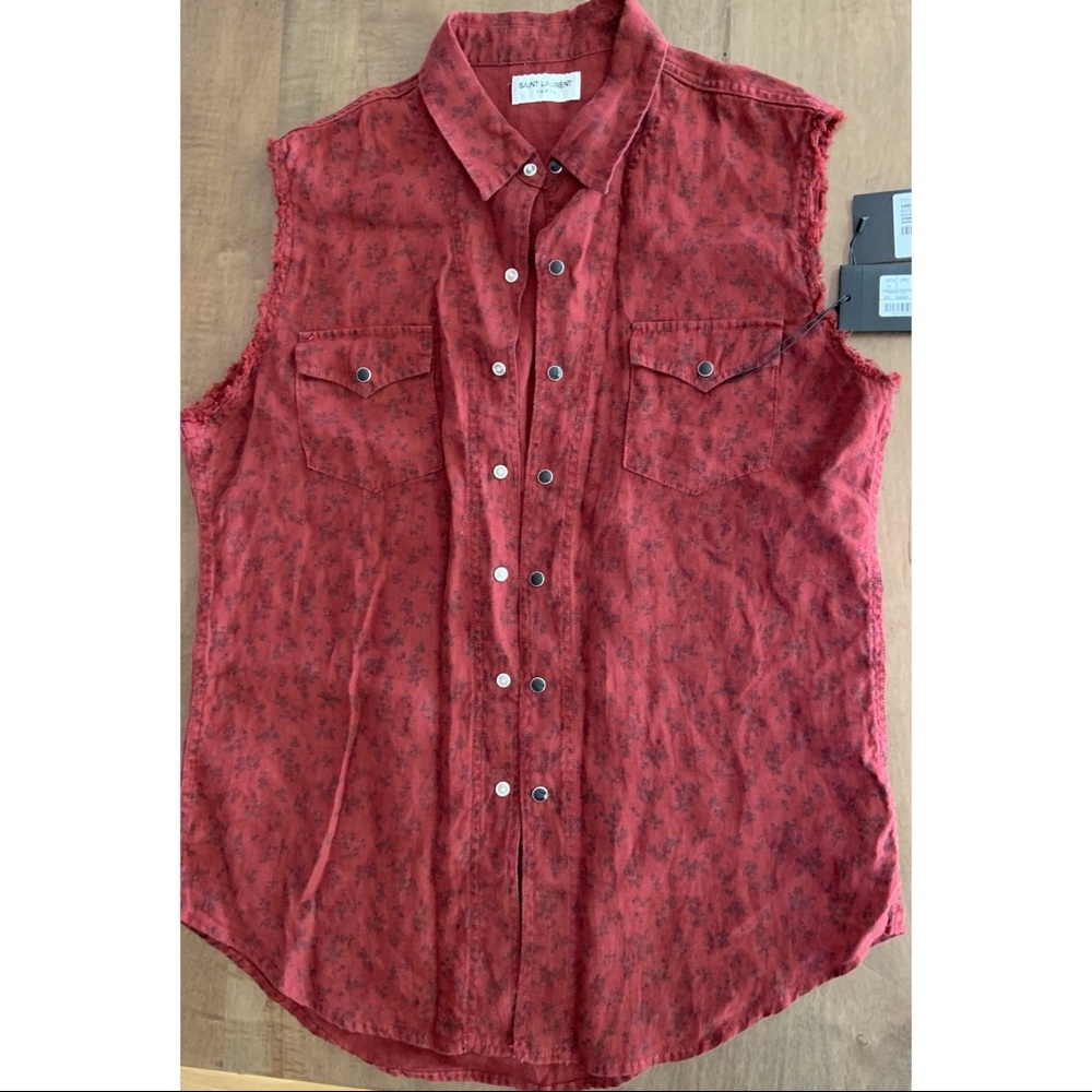 Saint Laurent Sleeveless Denim Shirt Burgundy M